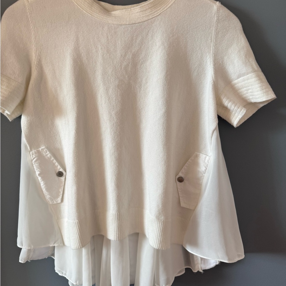 MOTH Anthropologie White Knit Sleeve Peplum Top with Sheer Pleated Back - xs